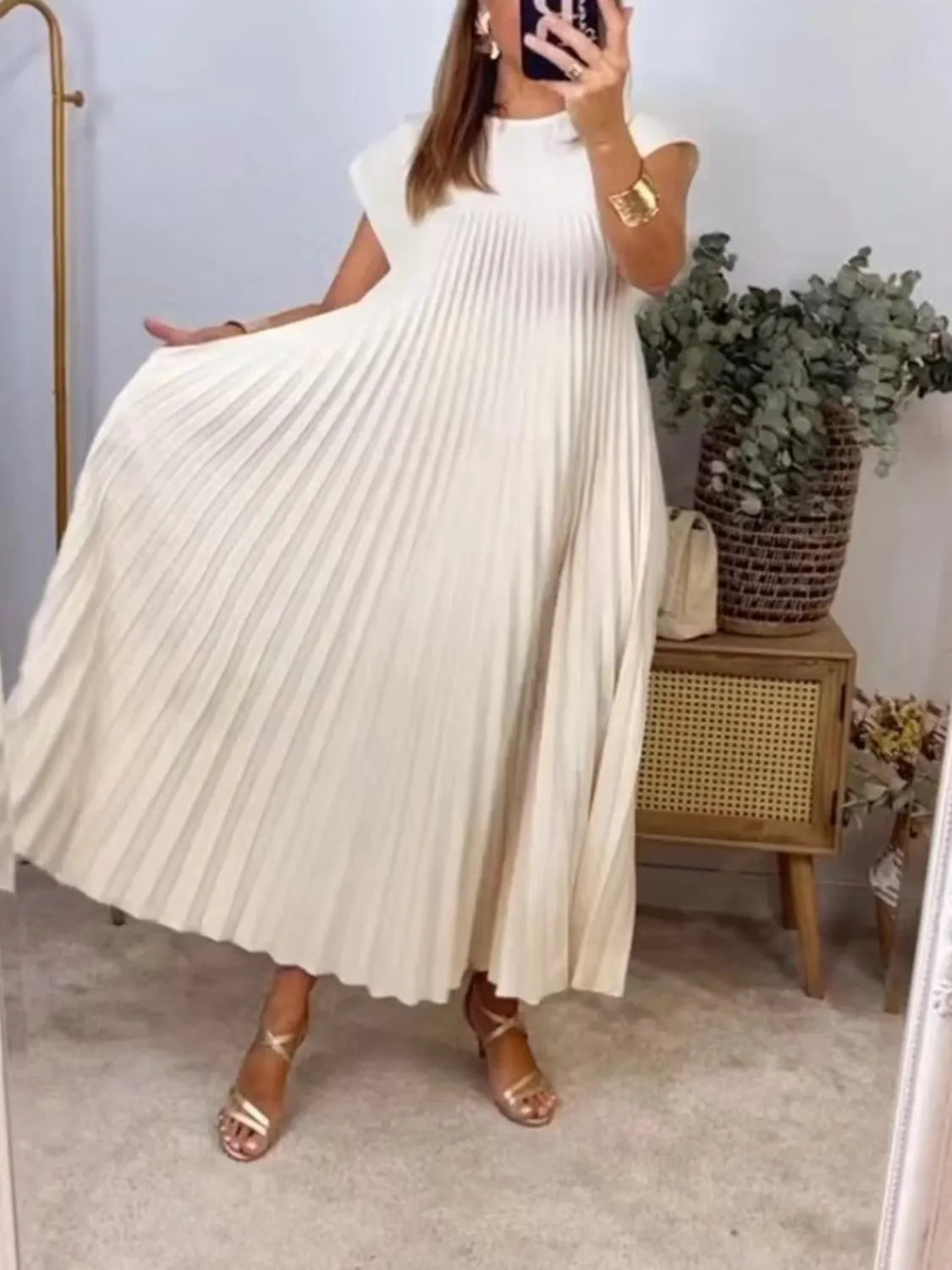 Full Size Pleated Round Neck Maxi Dress Plus Size
